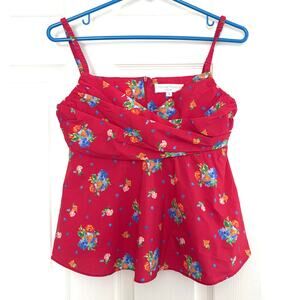 Caroline Constas Blouse Cropped Top Red Floral Cami Peplum Adjustable Size S